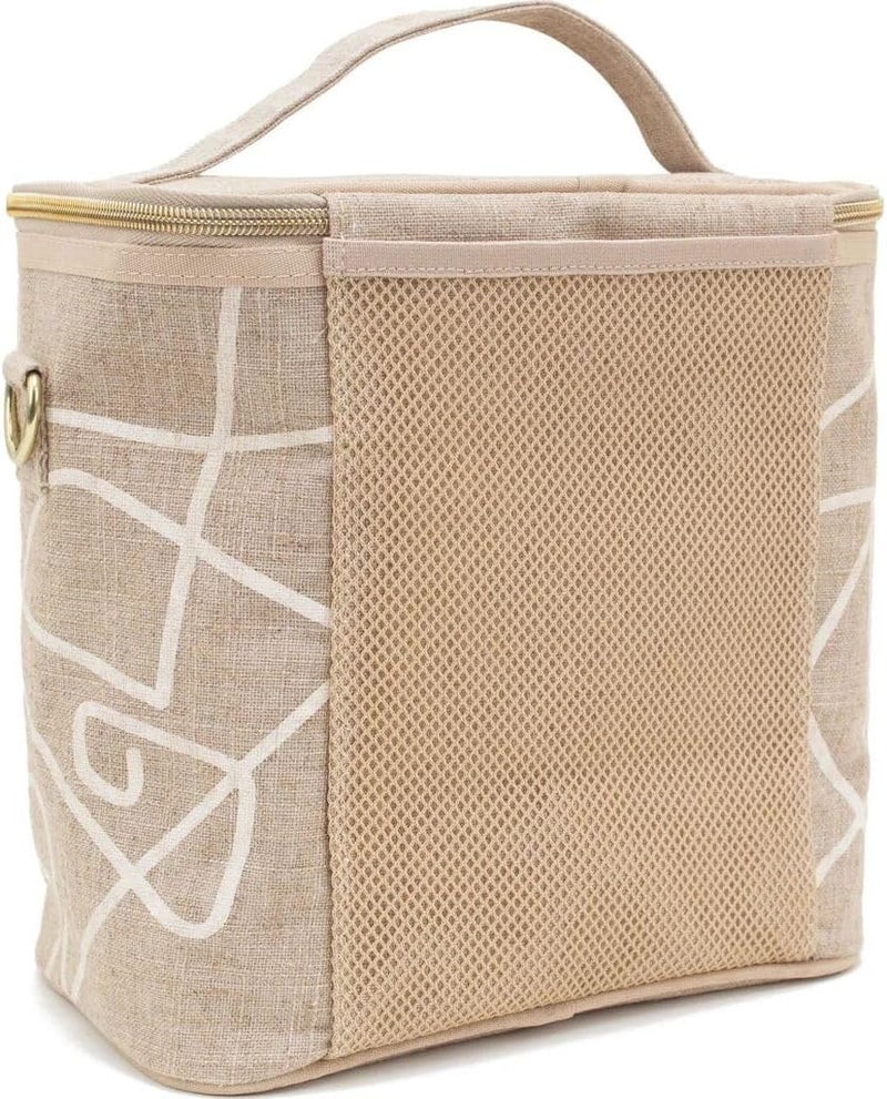 SoYoung Lunch Poche - Insulated Lunch Bag for Work, Travel & Picnic, Linen/Cotton, Machine Washable, Detachable Strap - White Abstract Lines - Image 2